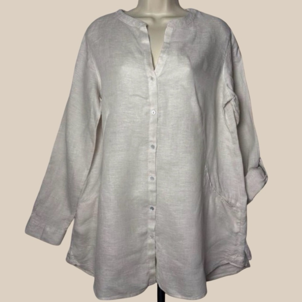 Sigrid Olsen 100% Linen Lt Beige Button Down Pockets Coastal Beach Minimalist L